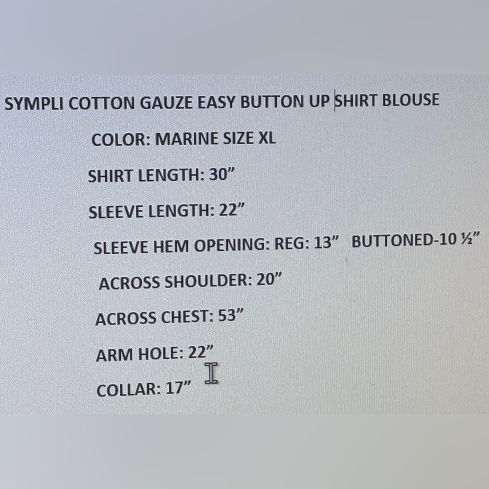 SYMPLI COTTON GAUZE EASY BUTTON UP SHIRT BLOUSE COLOR: MARINE SIZE XL NEW - Picture 6 of 13